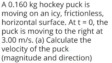 A 0.160 kg hockey puck is moving on an icy, frictionless, horizontal surface. At t=0, puck is moving