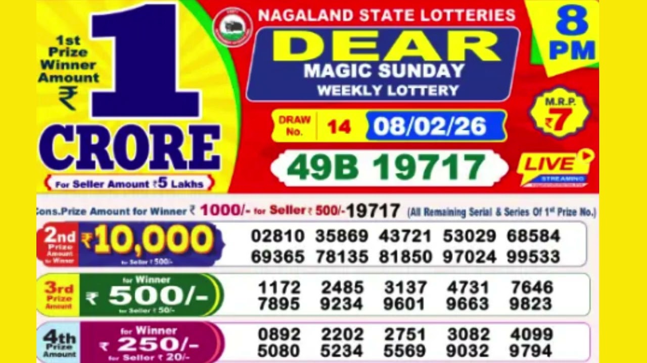 DEAR MAGIC SUNDAY WEEKLY LOTTERY TODAY RESULT 8 PM 08/02/26