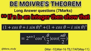 If 'n' is an integer then show that (1 cosθ isinθ)ⁿ (1 cosθ-isinθ)ⁿ=2ⁿ⁺¹cosⁿ(θ/2)cos(nθ/2) Demoivre