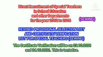TRB special teacher (SEWING) REVISED PROVISIONAL SELECTION LIST AND CERTIFICATE VERIFICATION LIST