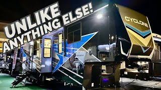 This fifth wheel toy hauler has a HUGE living room! 2024 Heartland Cyclone 4006