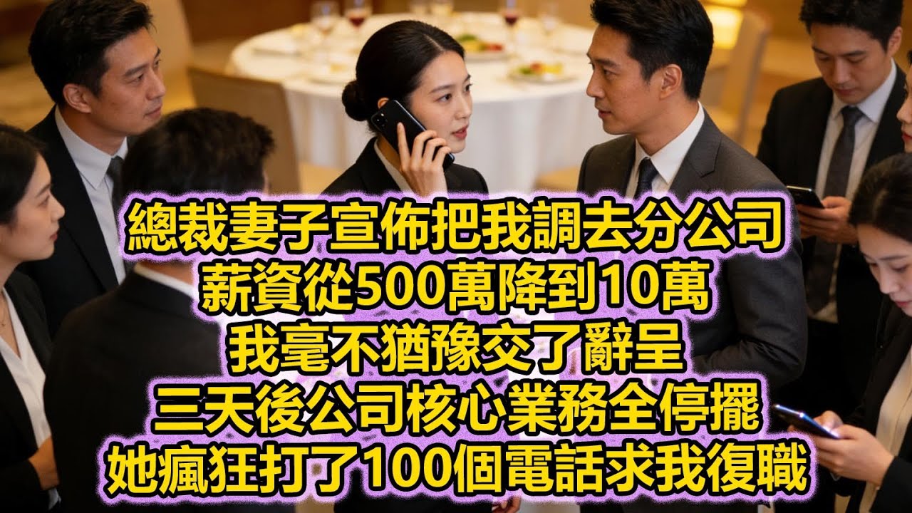 總裁妻子宣佈把我調去分公司，薪資從500萬降到10萬，我毫不猶豫交了辭呈，三天後公司核心業務全停擺，她瘋狂打了100個電話求我復職