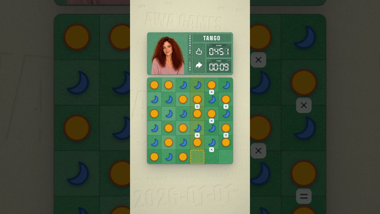 LinkedIn Tango #451 solved board for January 1, 2026, 6x6 grid