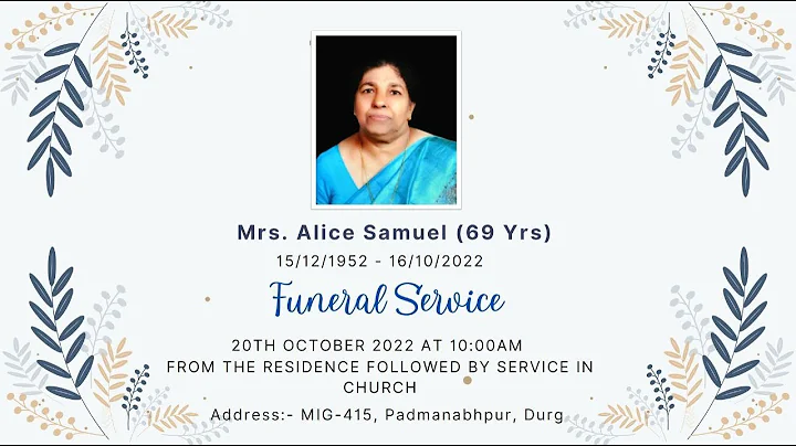 Funeral Service   Mrs. Alice Samuel,  (69 Yrs)