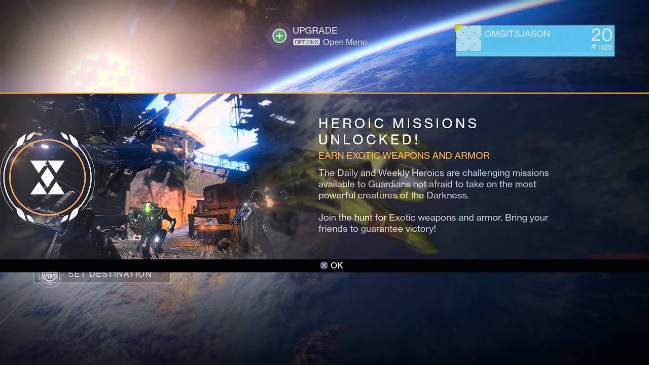 Destiny - "Heroic Missions Unlocked" Earn Exotic Weapons & Armor / Daily & Weekly Events Message PS4