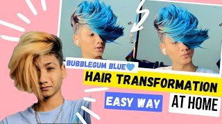 HAIR COLOUR TRANSFORMATION || BUBBLEGUM BLUE💙 || AT HOME || EASYWAY