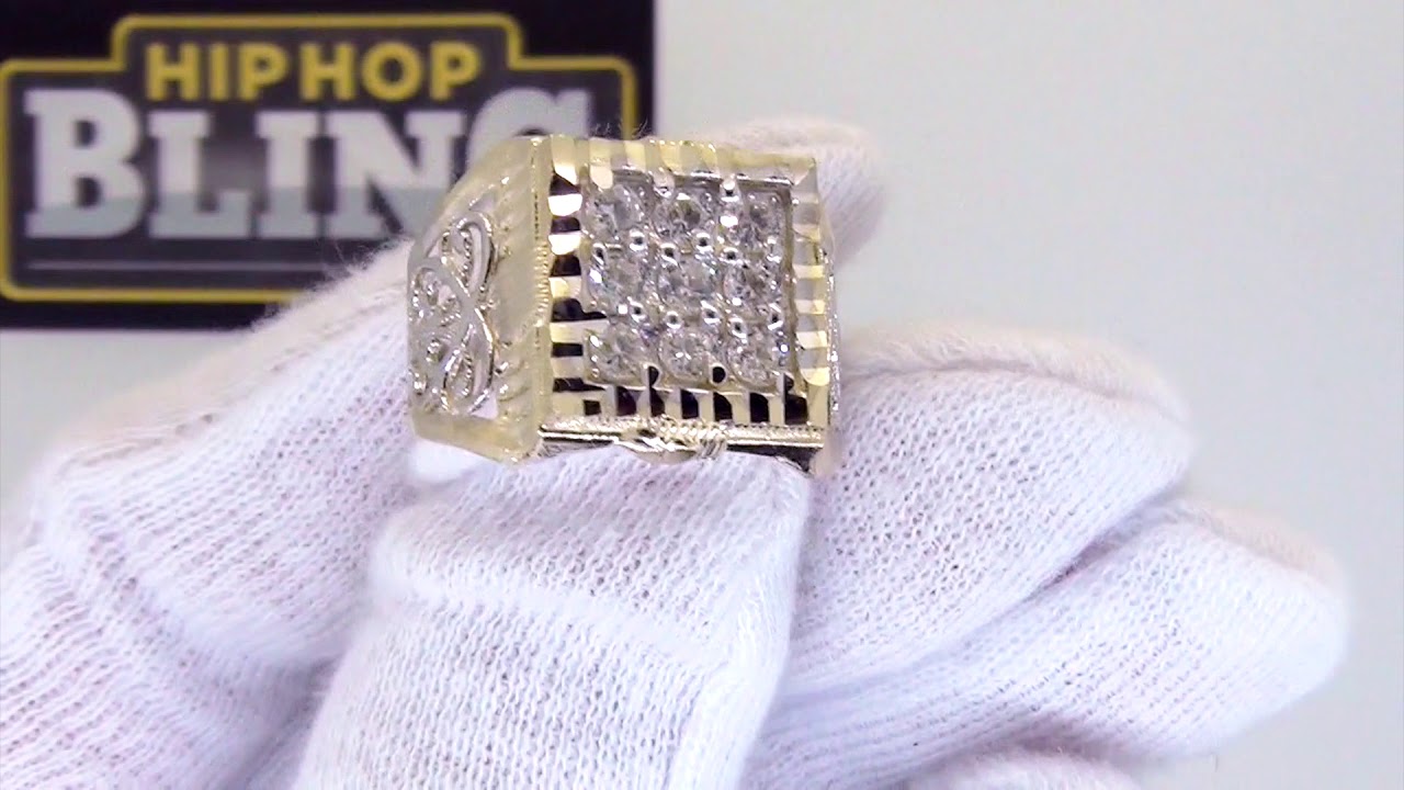 CZ Diamond Cut Box Filgaree Mens Ring 10K Gold