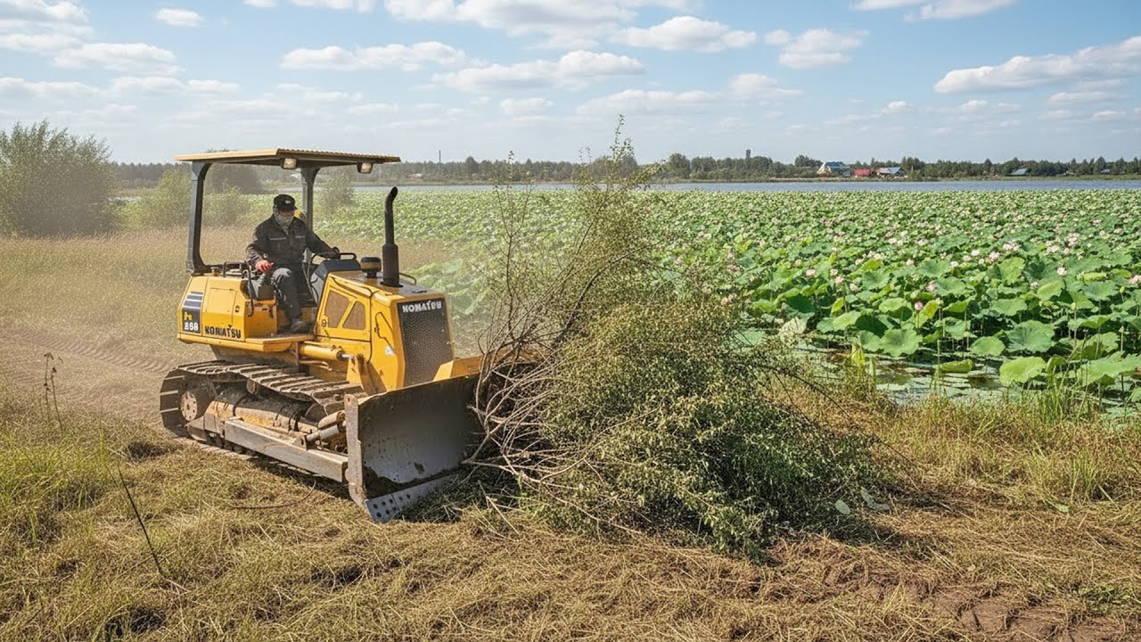 Powerful Land Clearing with a Compact Bulldozer | Bulldozer Clears Thick Bushes in Open Field