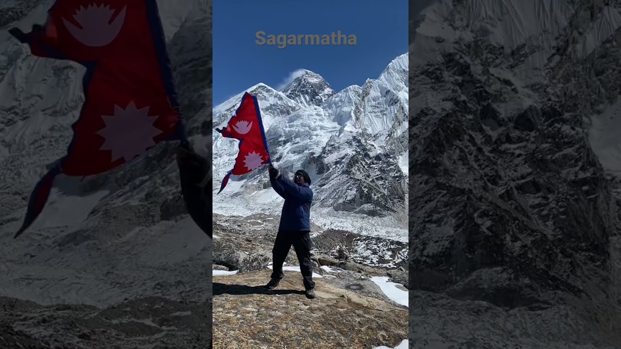 Proud Nepali waving flag. Top of the world Sagarmatha 8,849 m. 🇳🇵🇳🇵