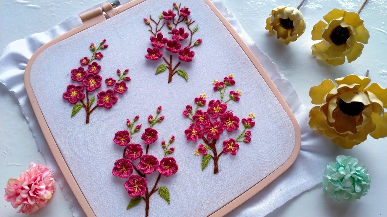 Cherry Blossom Hand Embroidery | Bullin Stitch | Cast on Stitch | Popcorn Lazy Daisy | French Knot
