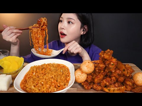 JPN SUB)辛い骨無しチキンと、まろやかなカルボプルダックポックンミョンのモッパン mukbang ASMR Korean Real Sound Eating