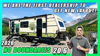 2026 NO BOUNDARIES 20.6 THIS AWARD WINNING COUPLES TRAILER HAS INSIDE & OUTSIDE BAR. NEW FAVORITE RV