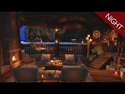 Seaside Fishing Village Ambience ? Fall Asleep In A Cozy Porch Above Water | Waves & Crackling Fire.