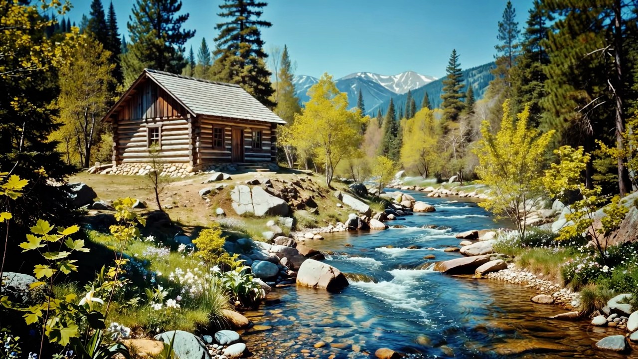 Autumn Cabin in Snowy Mountains 🌿 River Flow & Fall Foliage ASMR for Deep Sleep