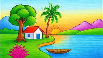 Village Scenery Drawing Easy | #005 | How To Draw A Riverside Village : Step By Step | Easy Drawing