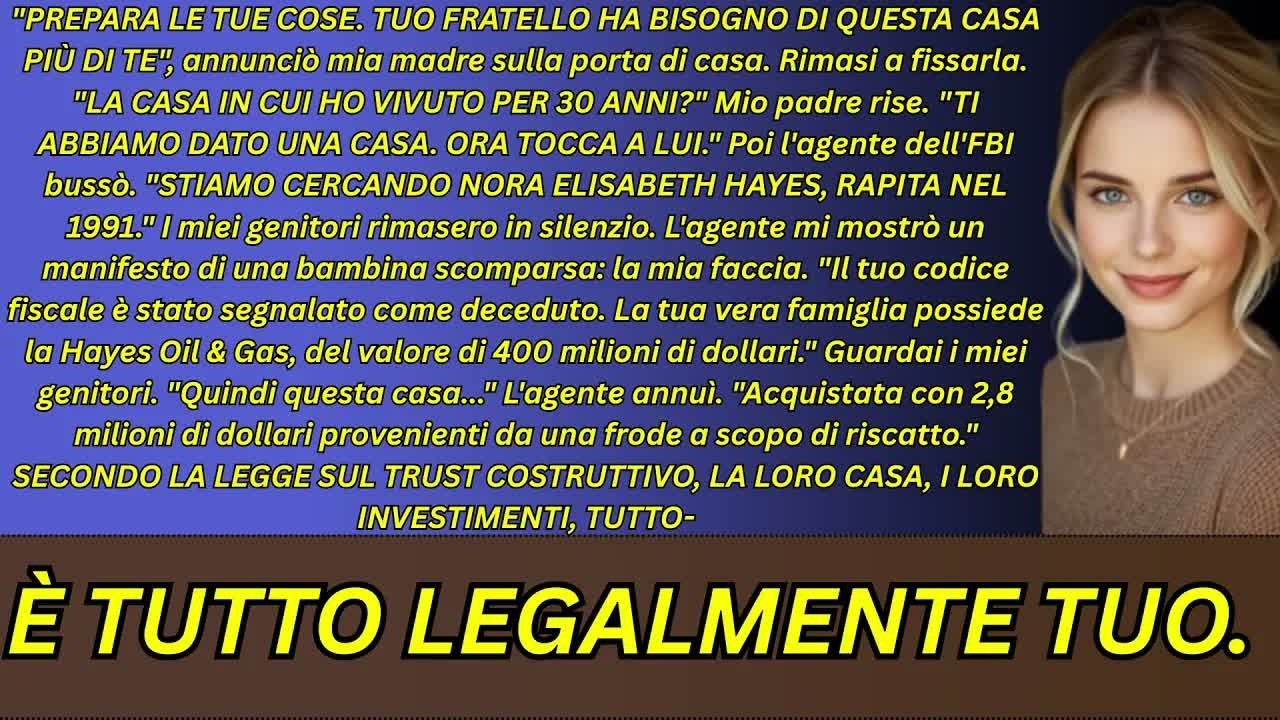 Quel giorno pioveva, una pioggia grigia che entrava nelle ossa. I miei genitori mi hanno cacciata di casa con due valigie di cartone e un assegno da 5000 euro, dicendo che era per il mio bene....