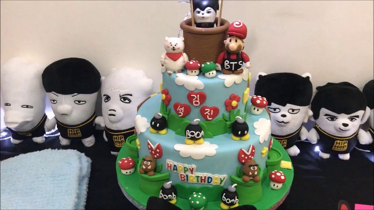 Jin BTS birthday cake in mario theme 2017 !!! - YouTube