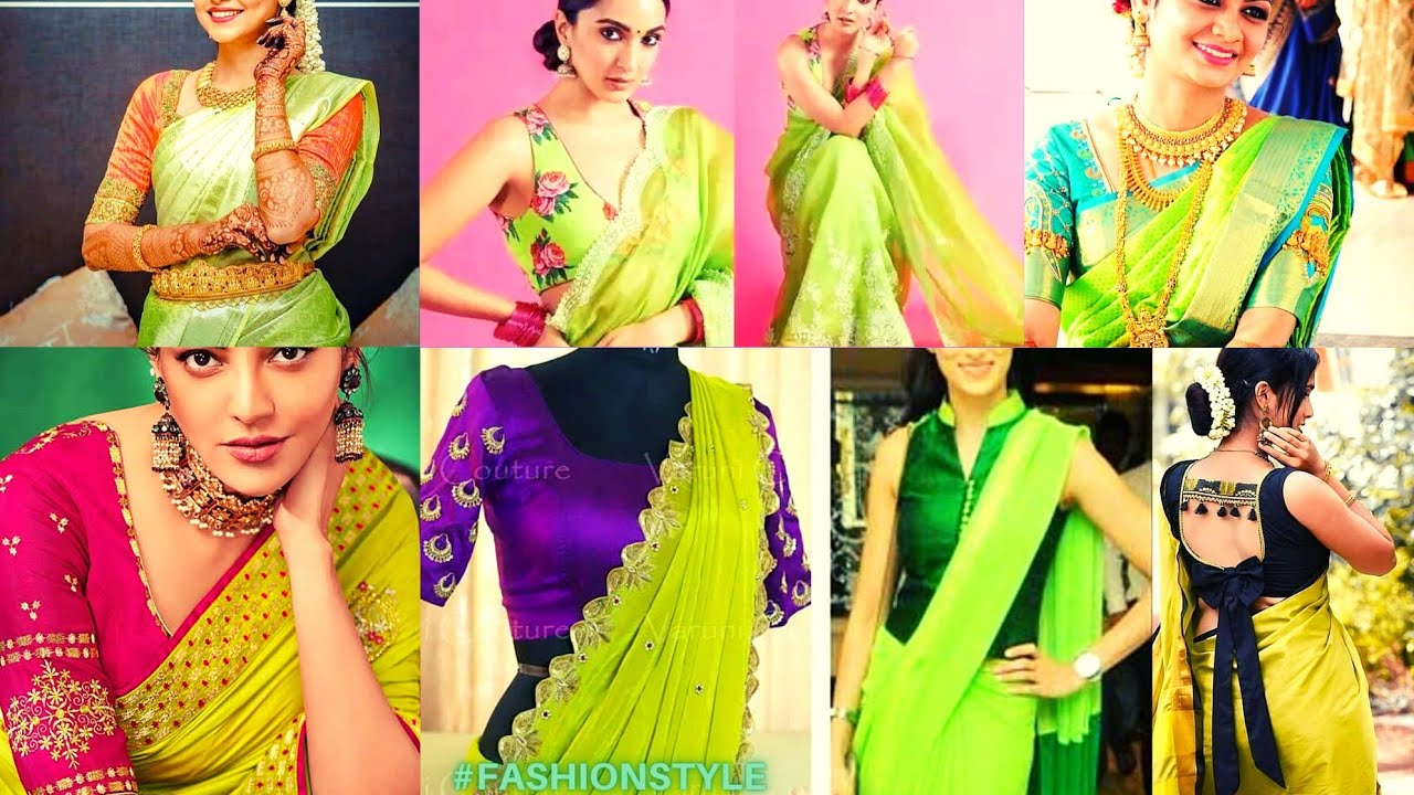Parrot Green Colour Saree Contrast Blouse Color Combination For Parrot Green Colour Saree Contrast Blouse Color Combination For