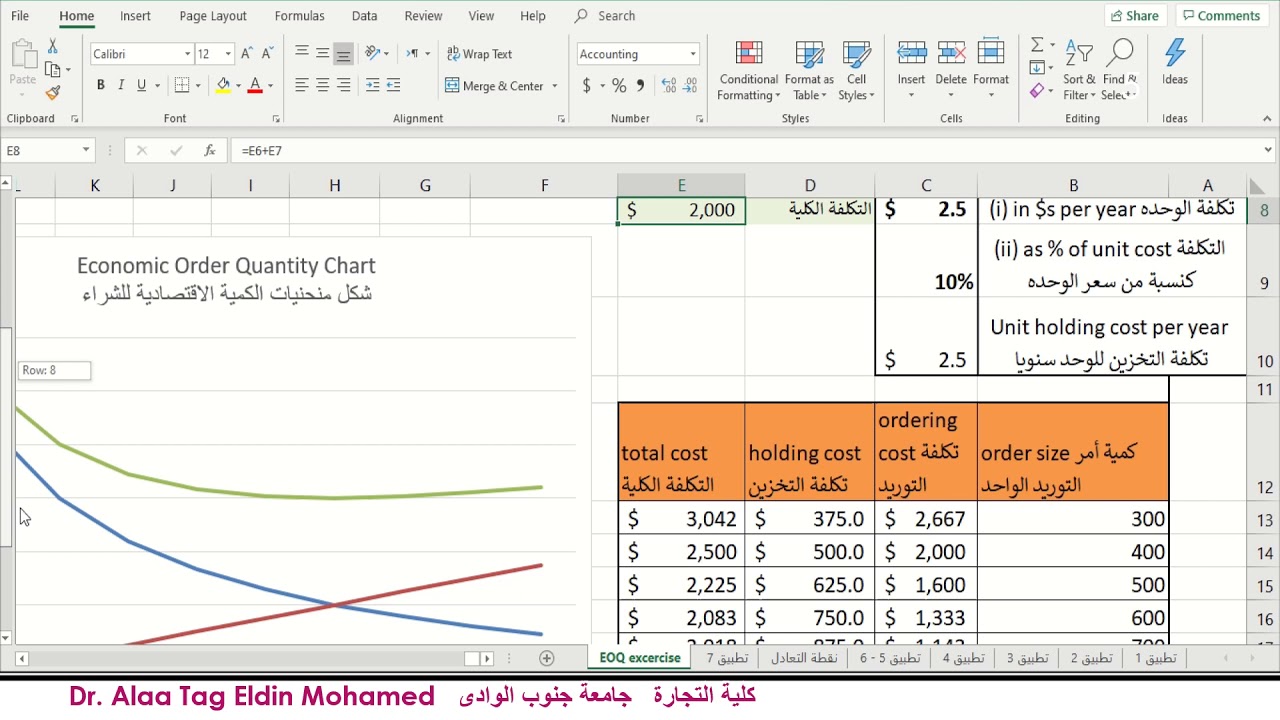 استخدام اكسل فى حساب الكمية الاقتصادية للطلب Using Excel to calculate EOQ