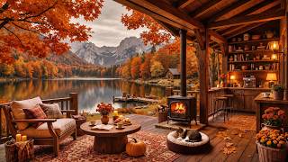 Soft Jazz Music on a Peaceful Autumn Lakeside Porch 🍂 Crackling Fireplace Ambience for Calm Focus screenshot 3