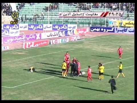 Iranian soccer player, Amin Motavassel Zadeh, Moghavemat Sepasi's striker, is playing fair-play against Steel-Azin Jan 28, 2010 at Hafezieh Stadium-Shiraz. He could score the goal but he sent the ball out of the pitch, when he saw the keeper was injured falling on the ground.