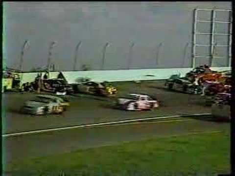 Its the last lap. turn three. Hermie Sadler, Kenny Wallace and Larry Peason all crash out in a huge incident. Salder almost goes over. and Dale Jarrett goes from 4th to 1st to get the win. This was the first race ever run at homestead. the layout was originaly a carbon copy of Indianapolis, but one mile shorter. Enjoy.