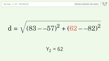 Find the distance between two points p1 (-57,-82) and p2 (83,62): Step-by-Step Video Solution