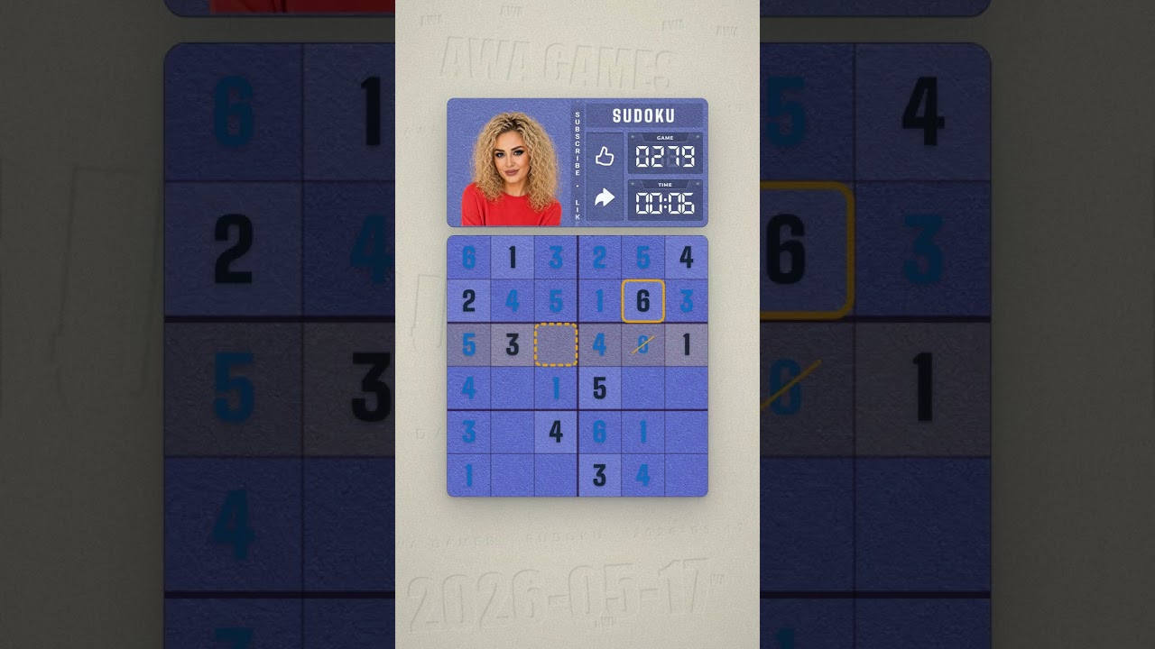 LinkedIn Mini Sudoku #279 solved board for May 17, 2026, 6x6 grid