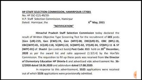 Hpssc post code 813 Shastri screening result declared