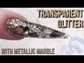 Transparent Glittered Acrylic Stiletto Nail Sculpt with Metallic Black and Gold