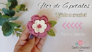 flor de 6 pétalos💮a crochet 🧶 con hojas🍃| hermosa, fácil y rápido de hacer