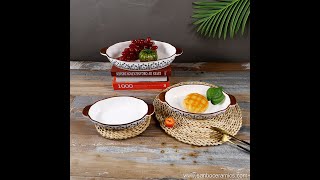 Wholesale Nordic Style 3-Piece Oval Ceramic Baking Pan Set Floral Decal Oven Safe Bakeware