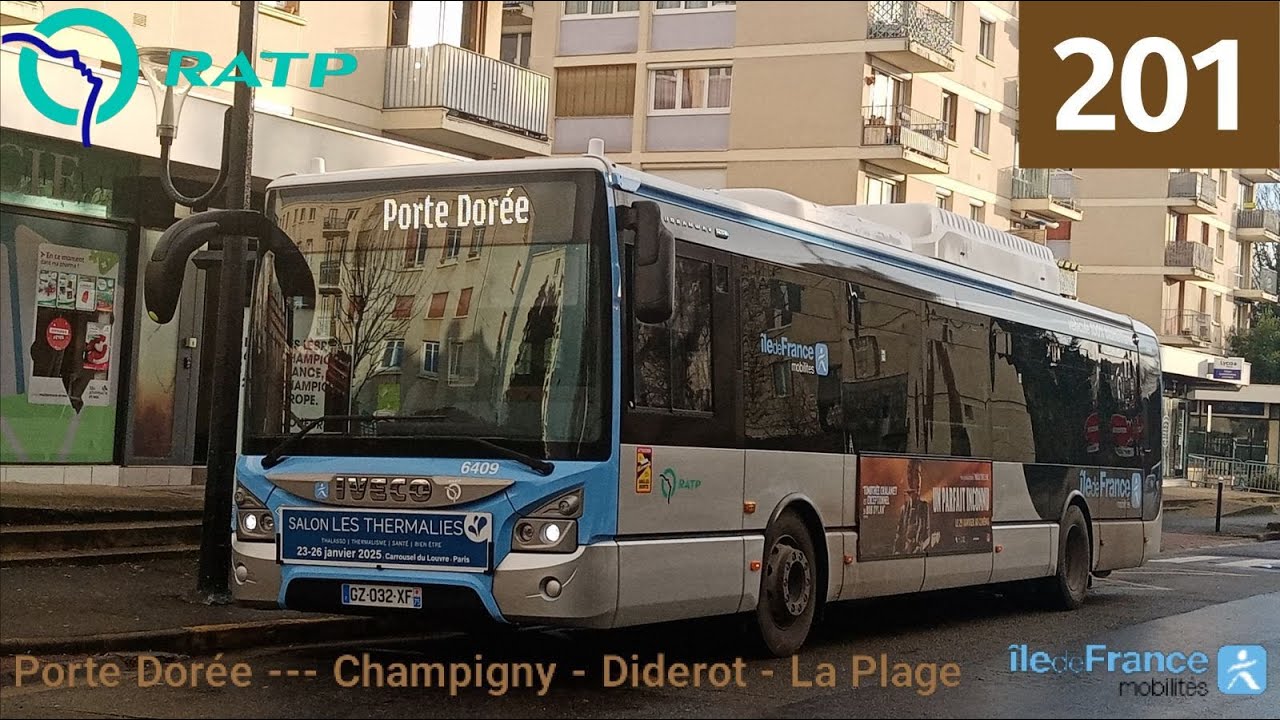 Bus 201 RATP - Urbanway 12 GNV N°6409 Porte Dorée --- Champigny - Diderot - La Plage