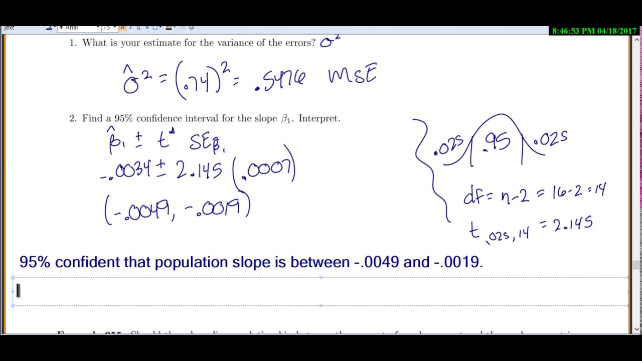 Stat 3000: Lecture 12.3 Confidence Intervals and T Test for Slope - YouTube
