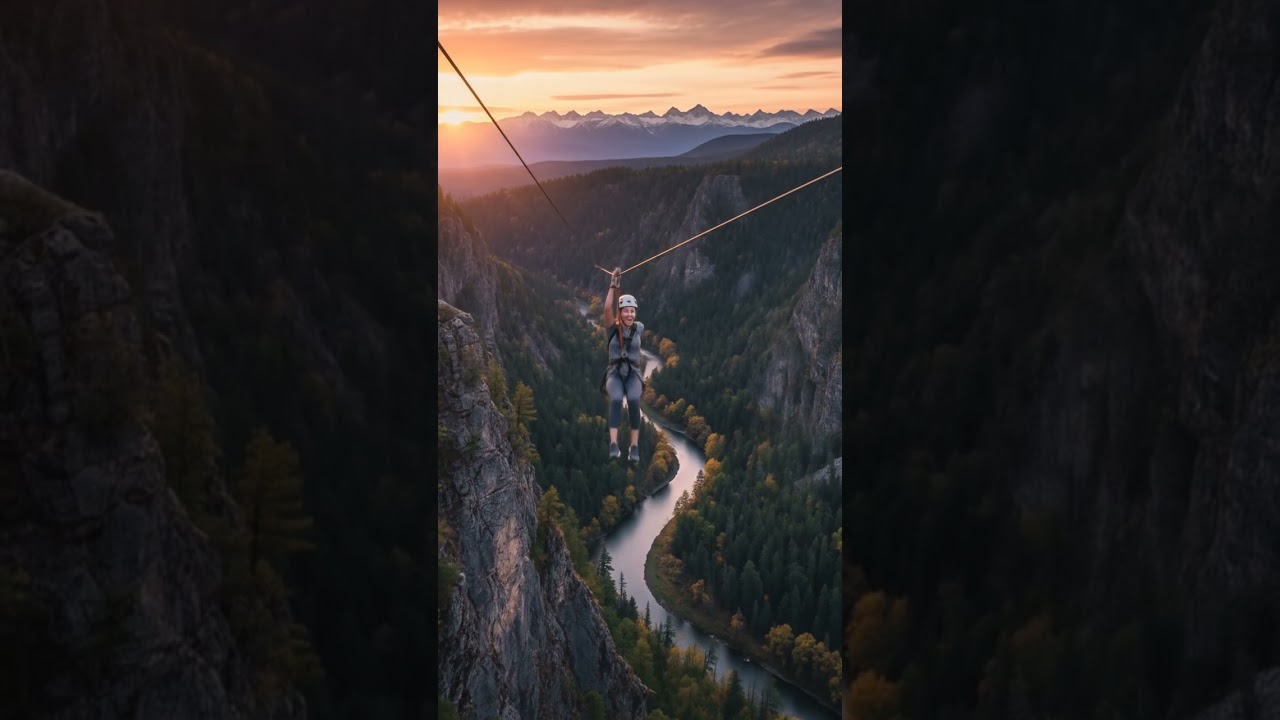 A fearless lady ziplines across the towering mountains, flying high with thrill and adventure