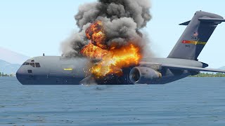 Military Aircraft C-17 Emergency Water Landing Due To Fire Engines