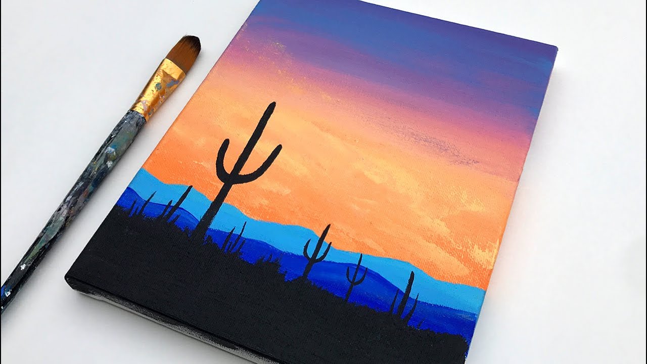 Acrylic Painting For Beginners  Cactus Simple Sunset  Easy Acrylic  Painting Tutorial on Canvas