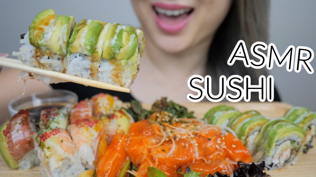 SUSHI ASMR *Green Caterpillar Roll, Rainbow Roll with Spicy Salmon Sashimi NO Talking Eating Sounds