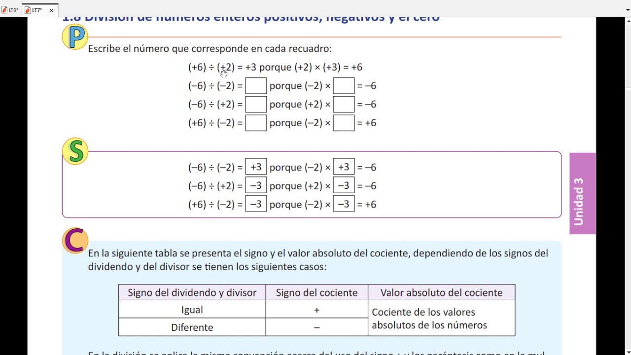 1.8 DIVISIÓN DE NÚMEROS ENTEROS POSITIVOS, NEGATIVOS Y EL