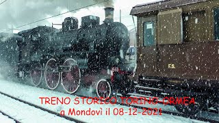 Transito con neve in stazione a Mondovì del treno storico Torino-Ormea (8 12 21)