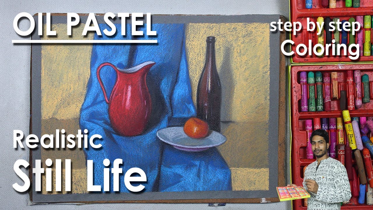 Realistic Still Life Drawing in Oil Pastel | Drapery, Jug, Fruit ...