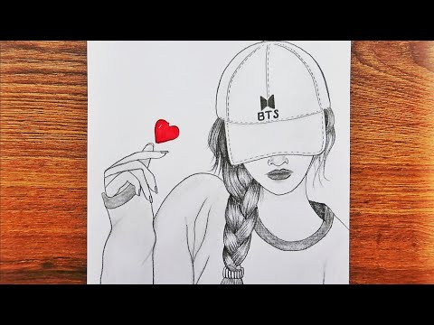 BTS Şapkalı Güzel Kız Çizimi / How to draw a Cute Girl with Tumblr Korean Finger Heart and BTS Cap