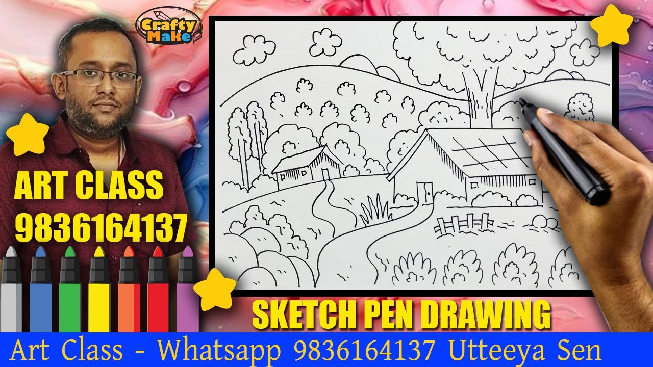 simple scenery drawing for kids | Easy Sunset Scenery Drawing | How to draw natural scenery drawing|