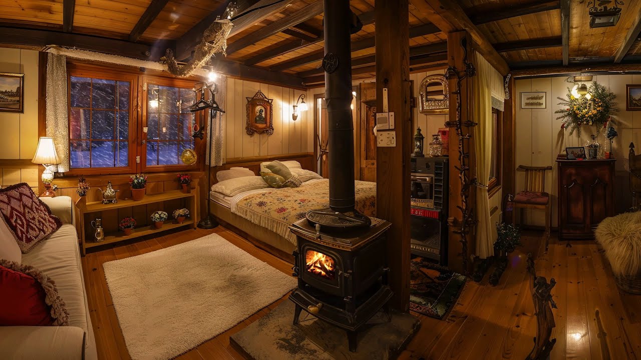 Relaxing Fireplace Sounds for Sleep | Cozy Winter Cabin at Snowstorm ...