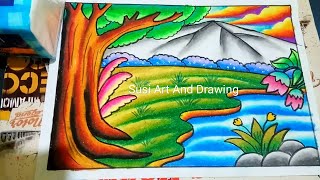 Cara Menggambar dan Mewarnai Pemandangan Alam Mudah dengan Gradasi Crayon | Drawing Nature scenery