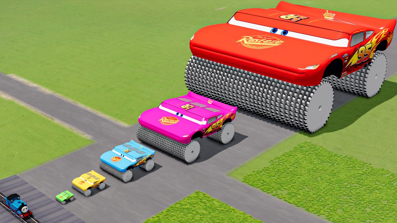 Big & Small Colors McQueen Wide with Monster Saw wheels vs Trains Thomas | BeamNG.drive
