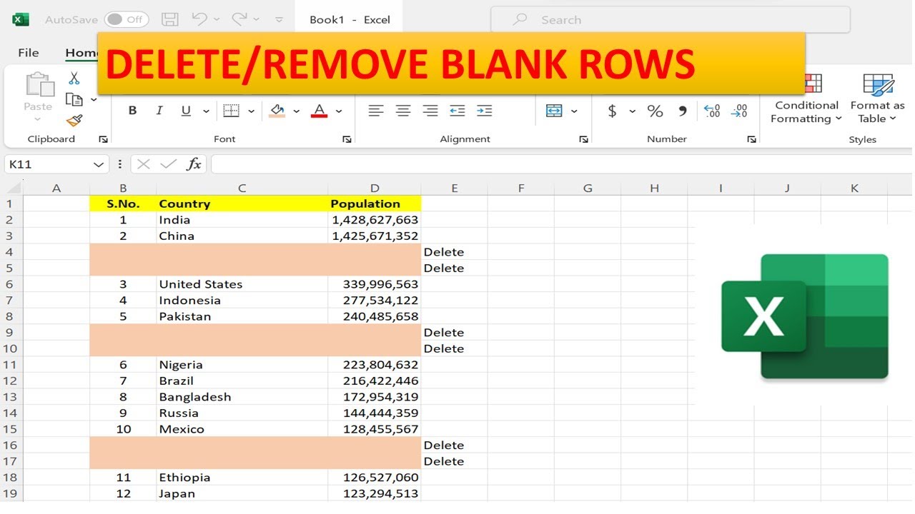 Remove Or Delete Blank Rows in MS Excel - YouTube
