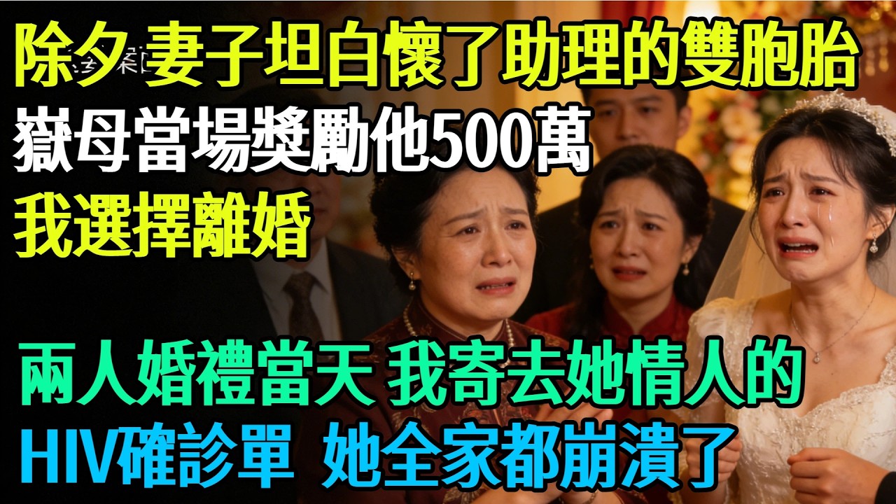 【完結】除夕夜，妻子坦白懷了助理的雙胞胎，嶽母當場獎勵他500萬，我拒絕接盤，選擇離婚，兩人婚禮當天，我寄去她情人的HIV確診單，她全家都崩潰了#奇聞#故事#完結文