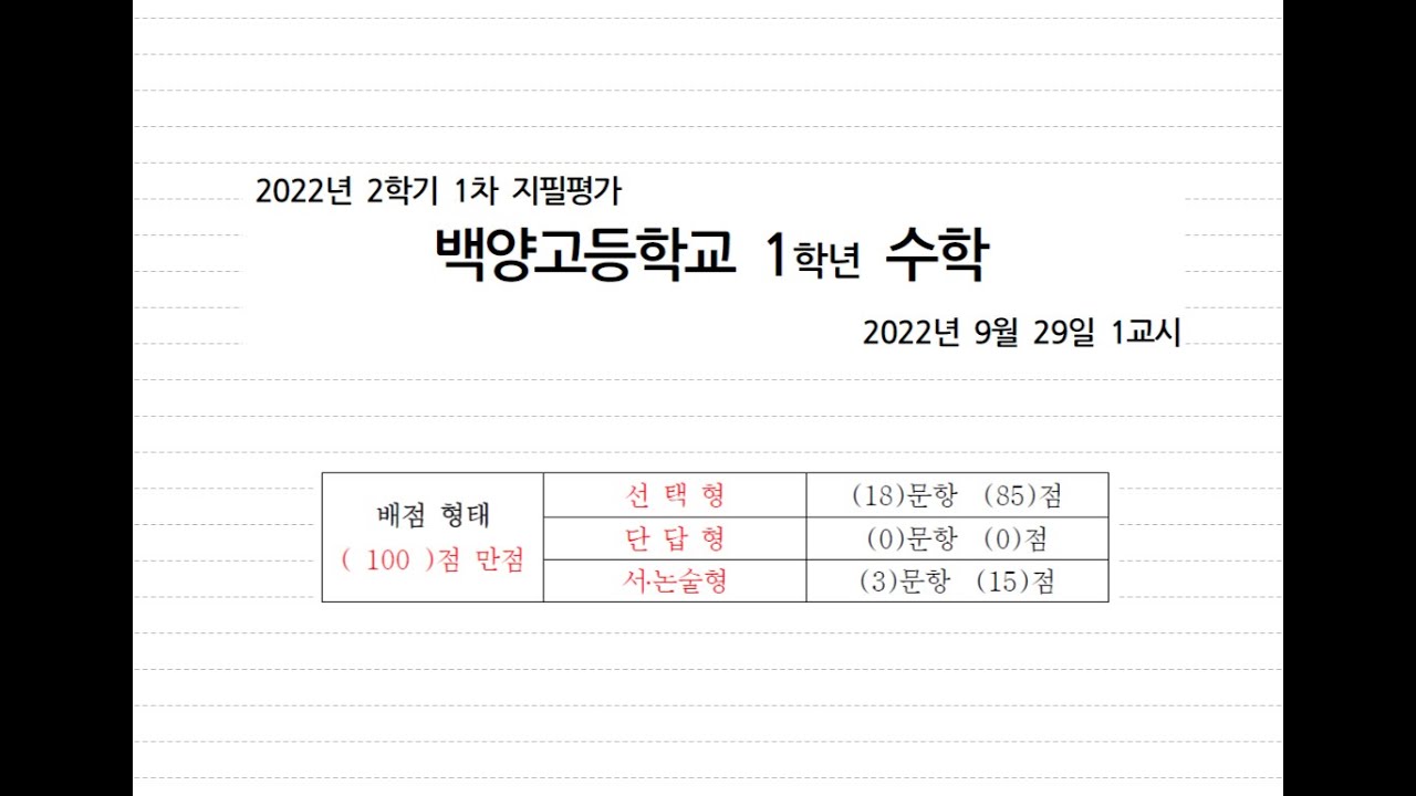 백양고(고양시 덕양구) 2022년 1학년 2학기 중간고사