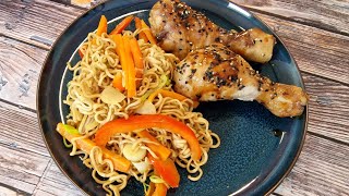 Almuerzo estilo asiatico/ pollo teriyaki/ recetas faciles/ fideos estilo asiatico/ recetas rapidas